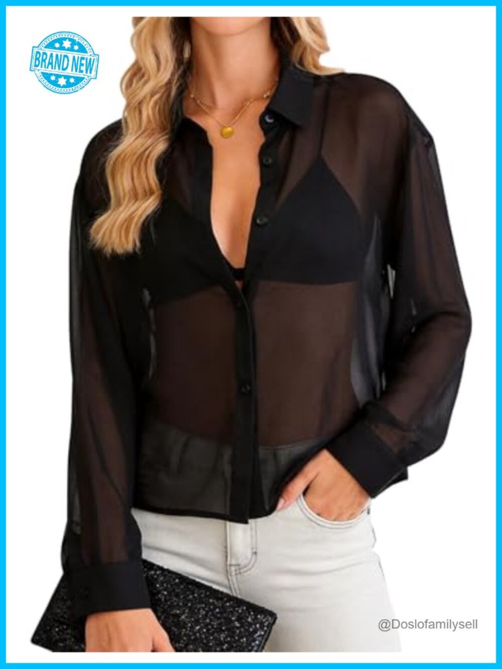 Sheer Mesh Button Down Blouse Long Sleeve Lapel Collar Crop Top